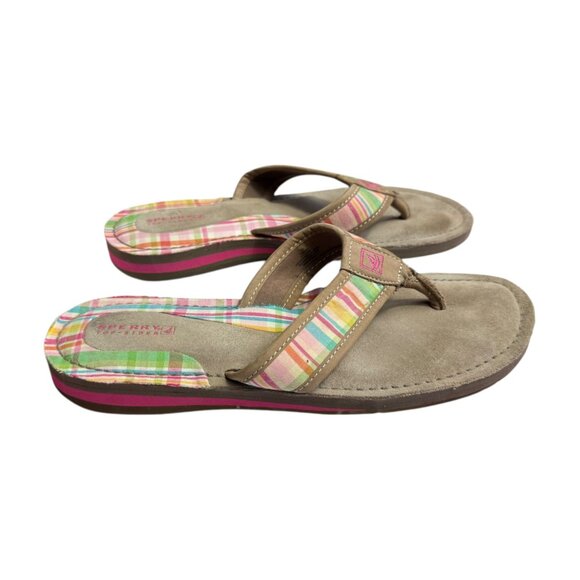 Sperry Top Sider Womens Sz‎ 8 Pink Plaid Suede Leather Sandals Flip Flops Summer - Picture 1 of 11